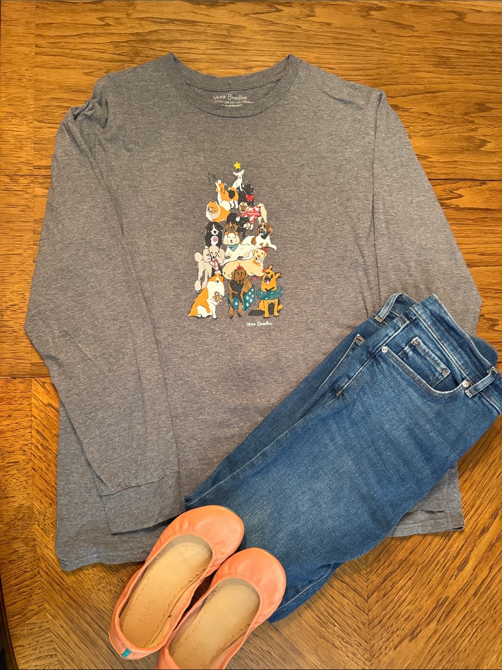 Vera Bradley Christmas Gray Long-Sleeve Tee with Colorful Dog Stack Graphic